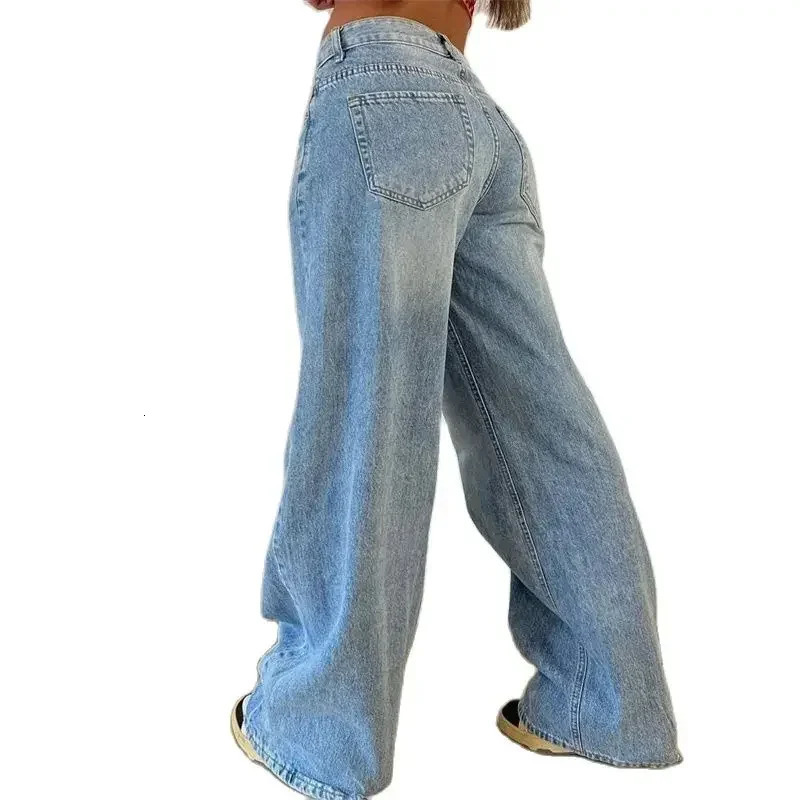 Retro American straight jeans womens high waisted casual loose denim pants womens comfortable commuting wide leg Trousers 24 250228