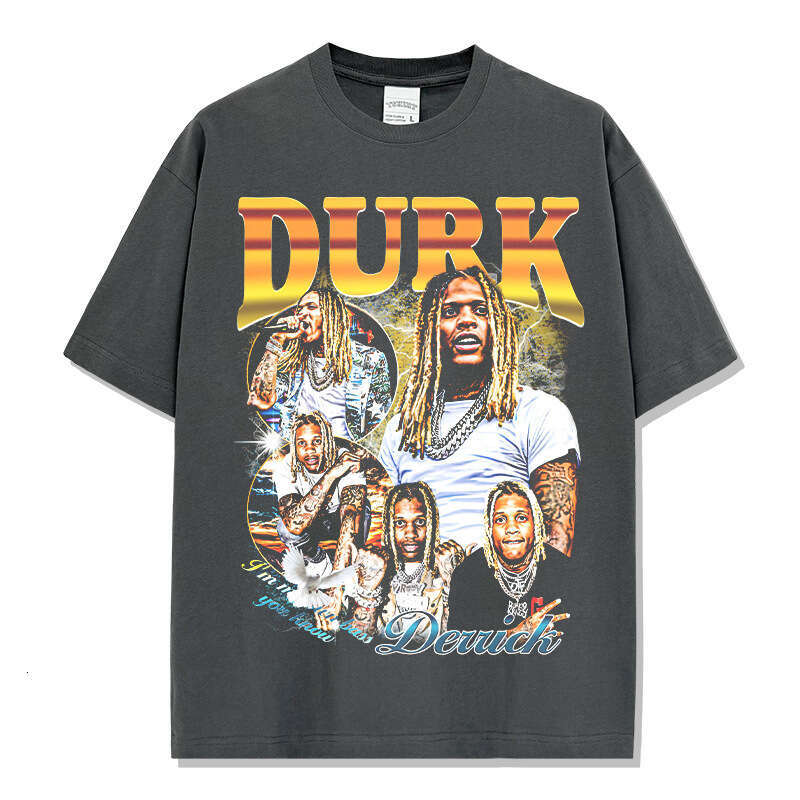 American Lil Durk printed washed T-shirt round neck long sleeved hooded sweatshirt for men