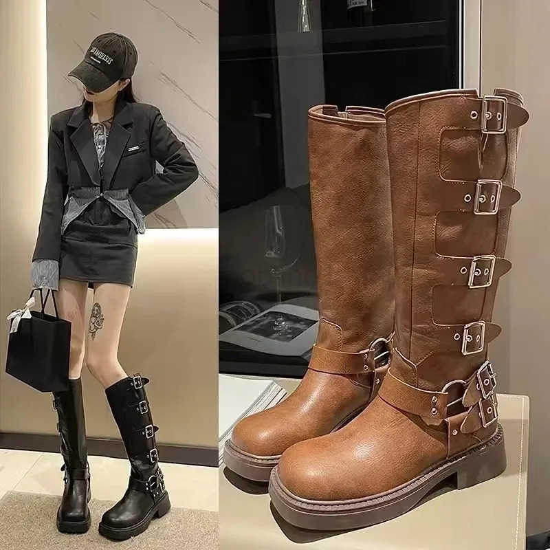 Wen Boots 2024 Spring Trend Buckle Knee-High High Boots Motorcycle Footwear Punk Rock Fion Cfort Leather Wen Shoe Z250304