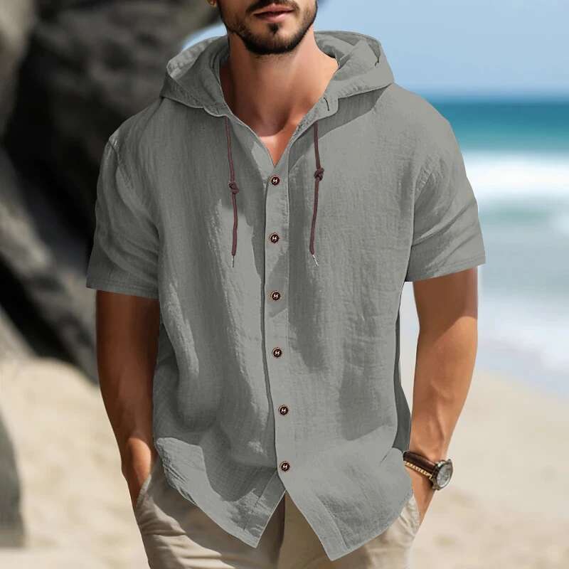 Summer New Light Luxury Cotton Short Sleeved Shirt American Solid Color Designer Hooded Casual T-shirt Comfortable Plus Size Men's Clothing Beach