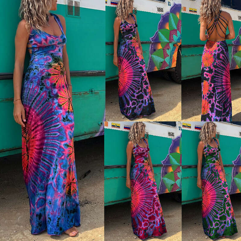New European and American sexy multi print backless cross dress for women 2025 temperament versatile new trendy clothing ins