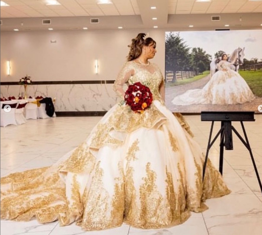 Customized Long Sleeves Quinceanera Dress Ball Gown Gold Lace Applique Pearls Beaded Ruffles Corset Shiny Sweet 16 Vestidos De XV 15 Anos