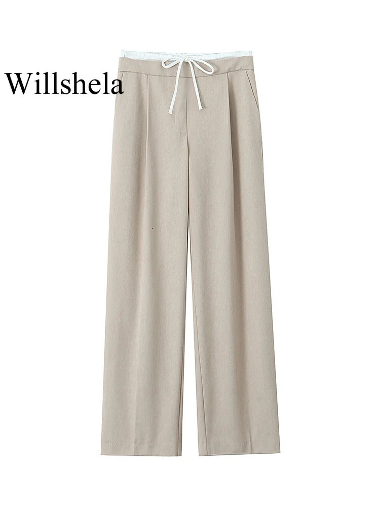 Willshela Women Fashion Solid Lace Up Side Zipper Straight Pants Vintage High Elastic Waist Female Chic Lady Trousers 250303