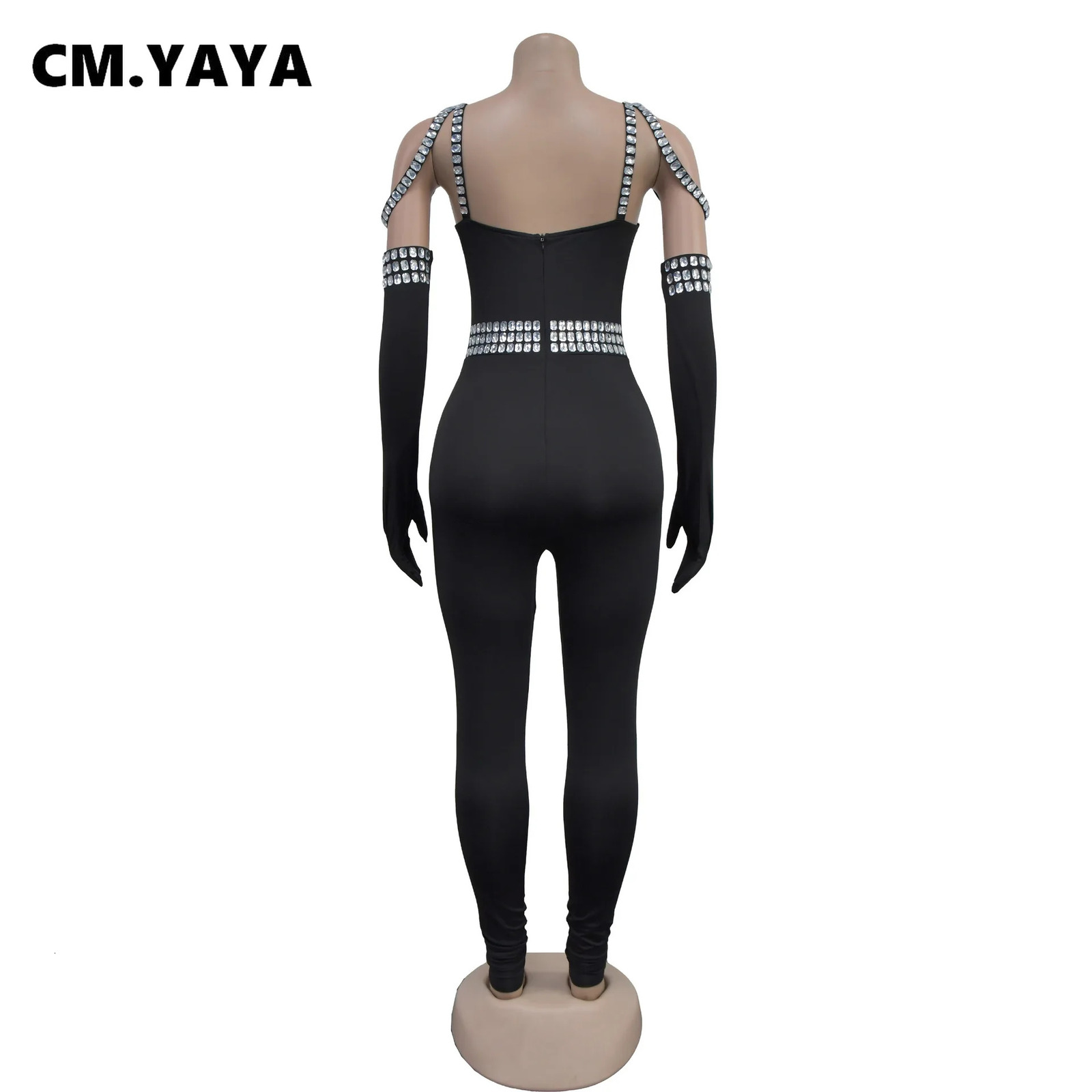 CM.YAYA Women Diamonds Rhinestones Sexy Strap Long Sleeve Jumpsuits Streetwear Club One Piece Overall Rompers with Gloves 250303