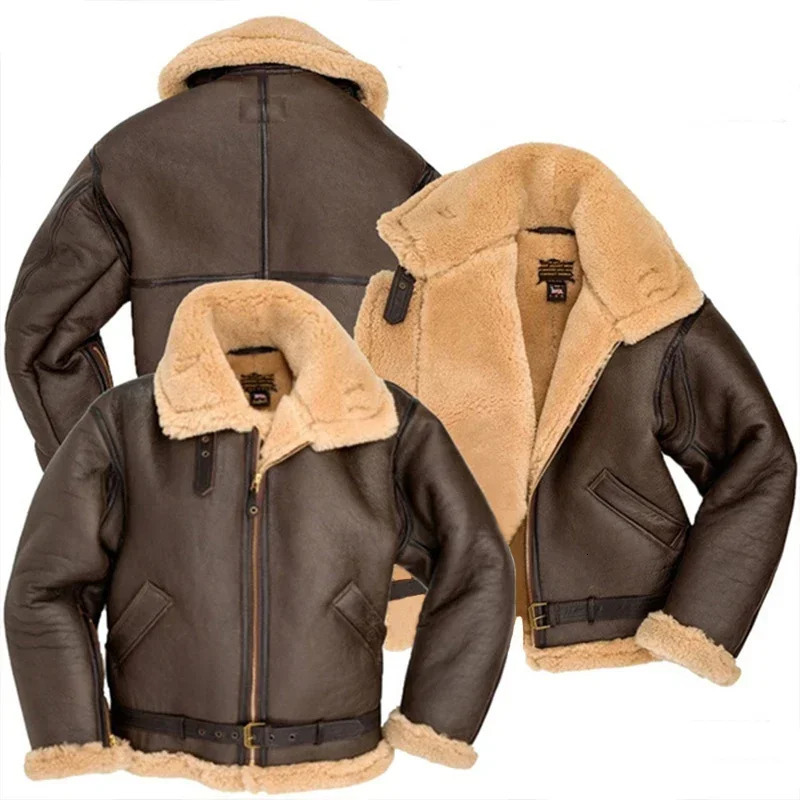 Winter Bomber Leather Jacket Men Sheep Shearling Lambskin Warm Jackets Parka Pilot Mens Natural Sheepskin Fur Coat 250225