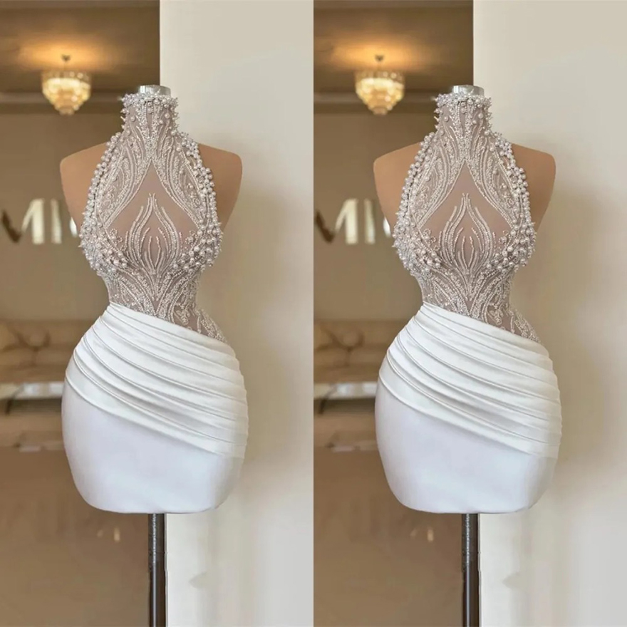 Fashion Cocktail Dresses More Pearls Beading Mini Short Evening Prom Gowns Illusion High Neck Custom Made Sleeveless Graduation Ball Club Party Dress