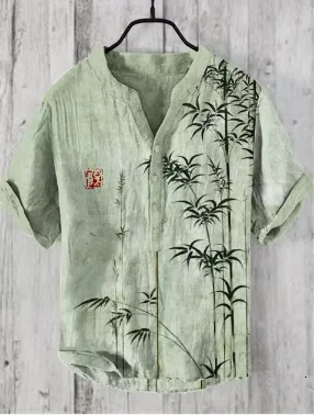 Mens summer printed short sleeved casual Tshirt Japanese style Henley shirt fashionable top linen 250227Z