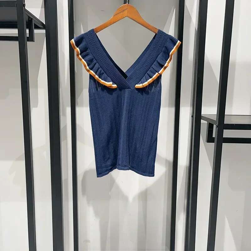 2025 Women Summer Fancy Color Block Ruffle Lace V-Neck Thin Sleeveless Knitted Slim Vest