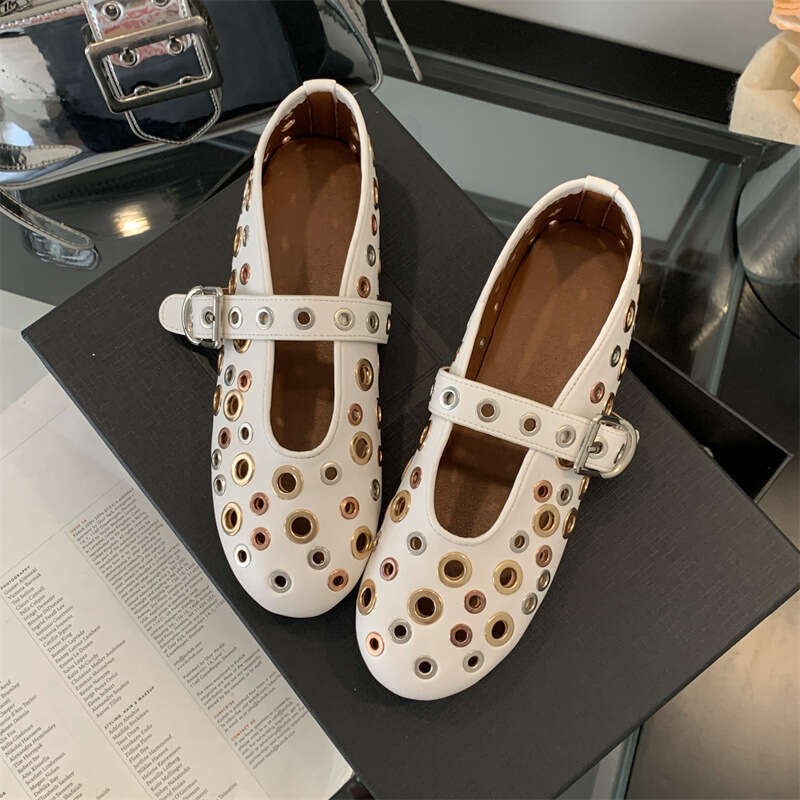 2024 summer new French hollow ballet shoes for women, perforated rivets, flat bottomed shallow mouth, women's niche design, single shoe