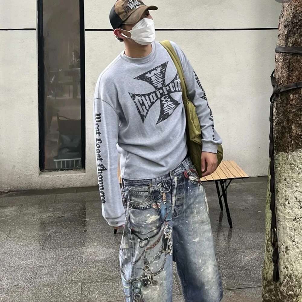 Frog Drift Fashion Best Quality Waffle Vintage Printed Tee Casual Loose Oversize Long Sleeves Tops 100%Cotton T Shirt For Men