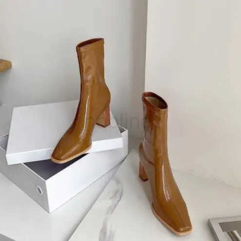 Leather elastic leather boots mid-tube short boots autumn /winter new thick-heeled high-heel patent leather white wen boots Z250304