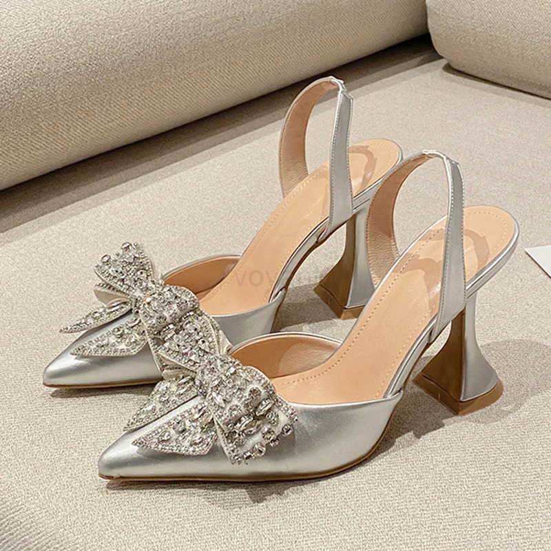 Liyke Fi Sequi Crystal Bowknot Wen Pumps Sexy Pointed Toe Red High H Wedding Banquet Shoes Ladies Slingback Sandal Z250304