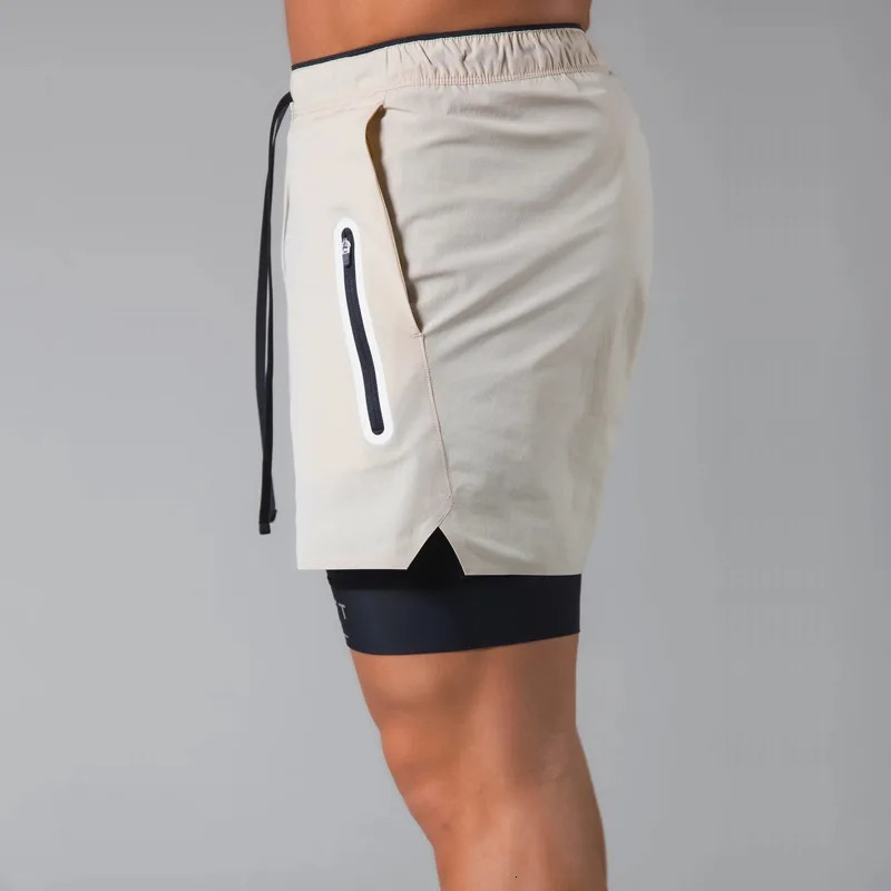Double layered fitness shorts for men summer quick drying breathable woven 2in1 training gym clothing 250224