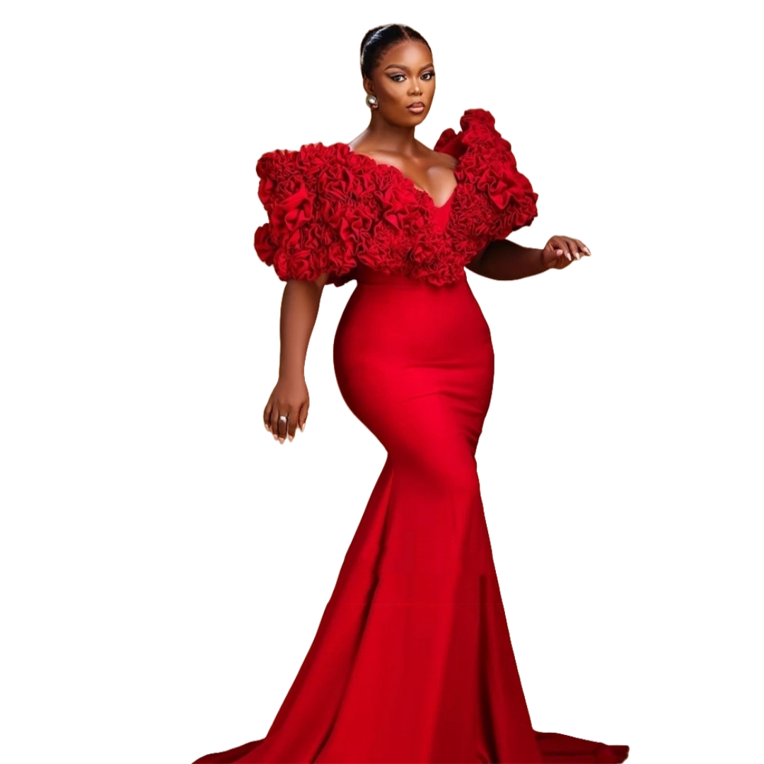 Aso Ebi African Red Mermaid Prom Dresses Ruched V-Neck Short Sleeves Long Satin Evening Gowns 2025 Chic Pageant Special Occasion Dress