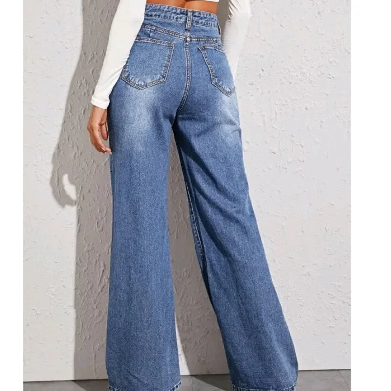 Blue Jeans for Women Wide Leg Pants Straight Long Denim Trousers High Waist Y2k Loose Elegant Trouser Autumn Spring 2024 250227