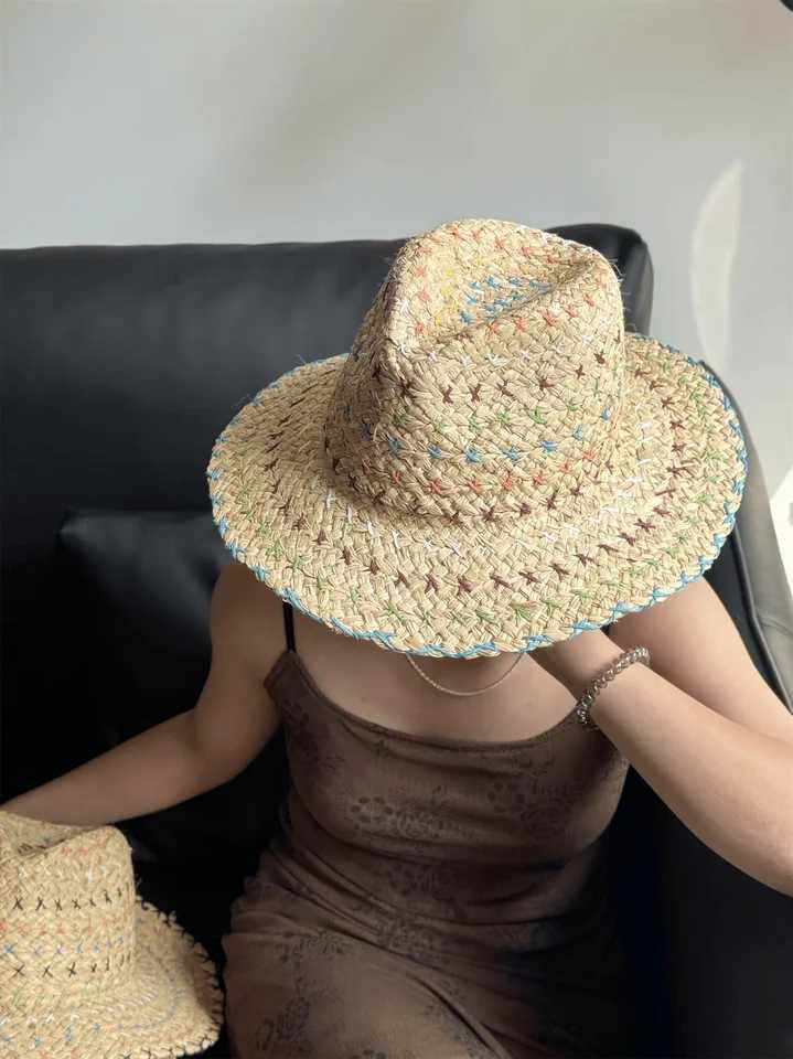 Raffia str Womens Bohemian Color Sewing str Hat Womens Sun Hat Beach Summer Vacation Panama HatXJ250304