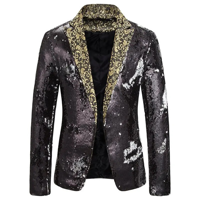 and Fashionable Mens Sequin Suit Jacket with Lapel Collar Floral n Groom Singer Host Stage Banquet Evening Dress 250304