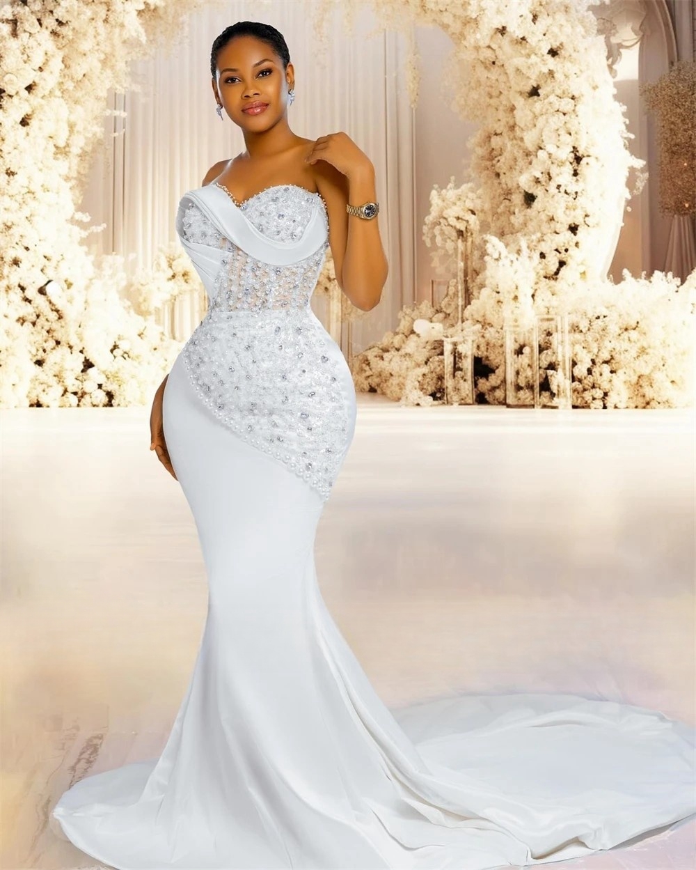 Luxurious Mermaid Wedding Dresses Crystals And Pearls Beaded Sweetheart Neckline Sleeveless Long Satin Bridal Gown Elegant African Reception Dress Ves