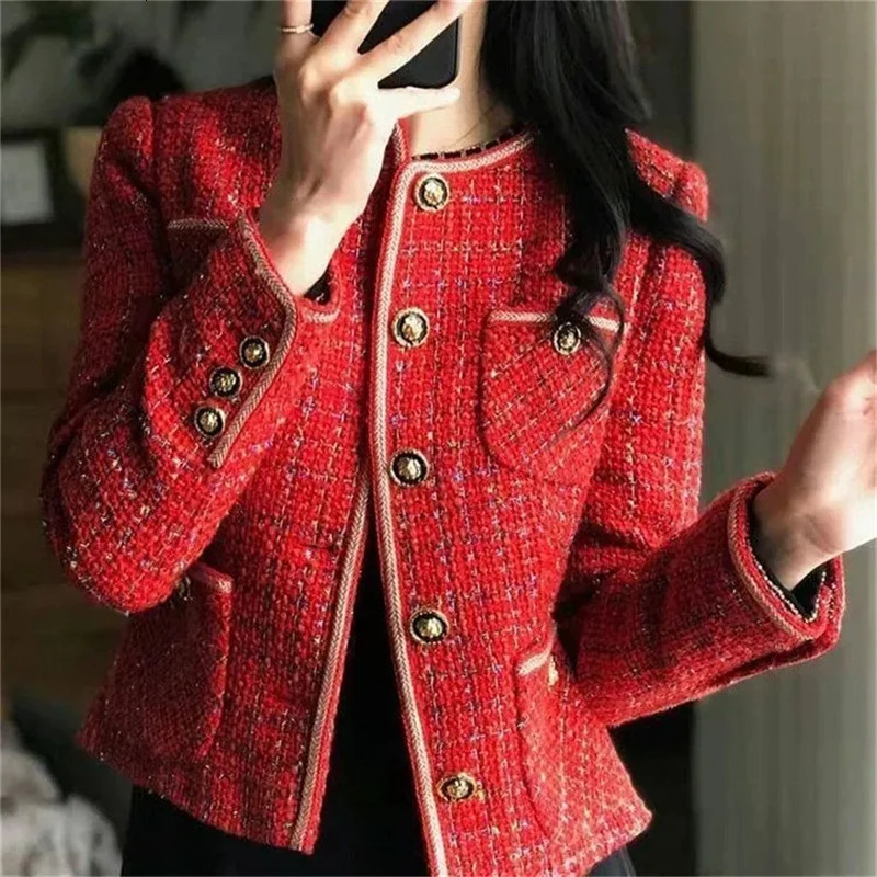 Vintage Red Tweed Wool Coat Womens 2024 AutumnWinter French Loose and Versatile Temperament Woolen Jacket Female 250225