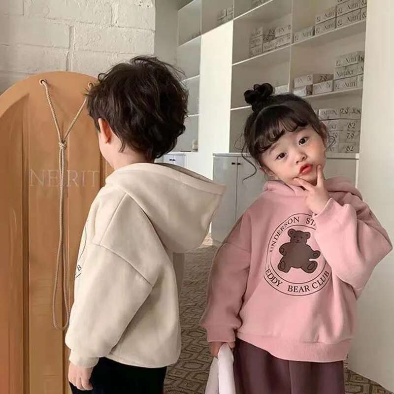 Cute Bear Sweatshirts Hoodies Korean Winter Kids Thick Plush Sweater Toddler Chdlren Clothes Outer Wear