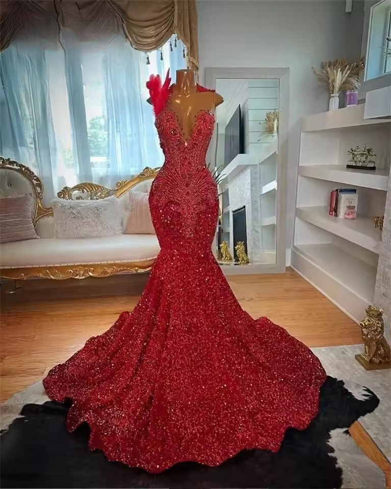 Red High Neck Long Prom Dress For Black Girls 2025 Beaded Crystal Sequin Birthday Party Dresses Feather Evening Gown Customized