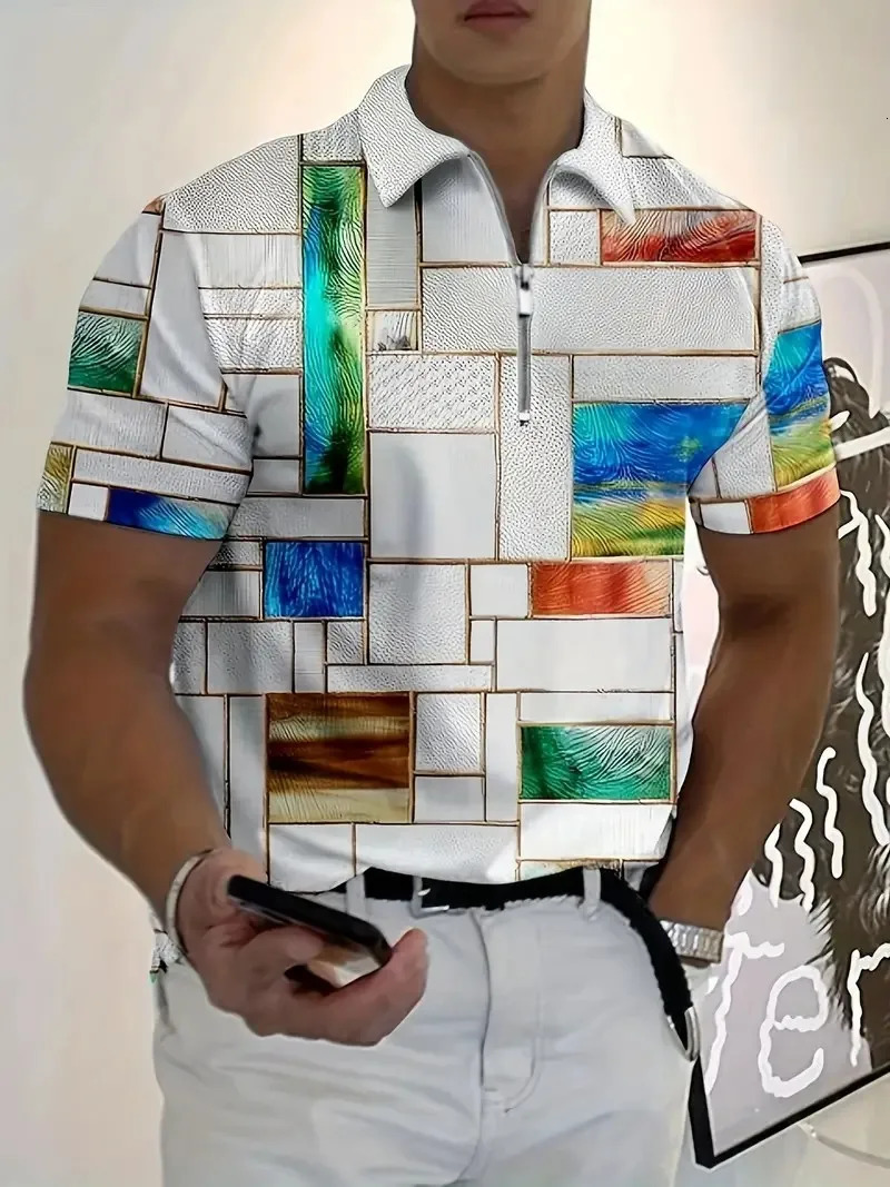 Summer Mens Fashion Polo ShirtLapel Zip Short SleevePlaid PrintMens Sports Casual Short SleeveMens Short Sleeve Tops 250304