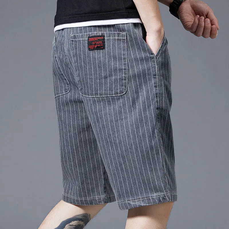 Summer Men Casual Striped Denim Shorts Koreon Streetwear Fashion Elastic Waist Baggy Male Thin Beach Sports Knee Length Jeans 250304