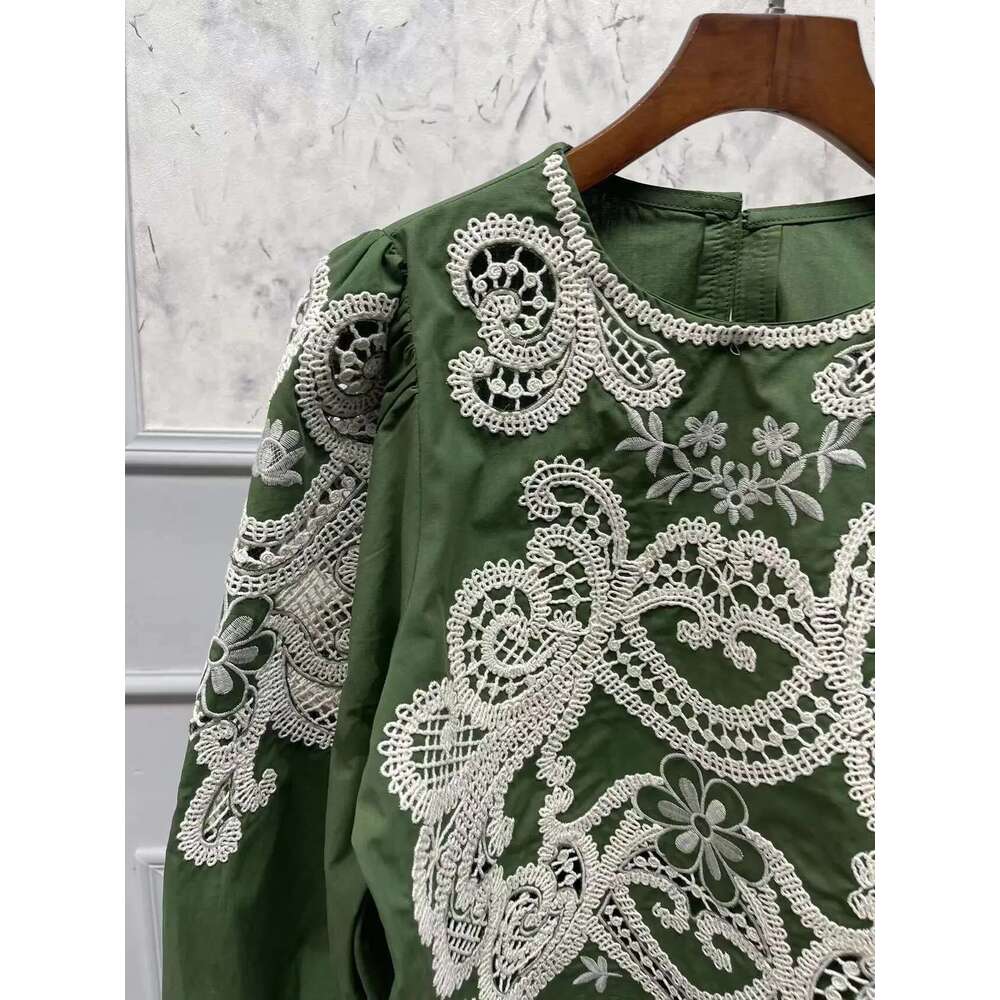 2025 Early Autumn Women O-Neck Blouse Three Dimensional Embroidery Hollow Out Green Vintage Long Puff Sleeve Female Shirt