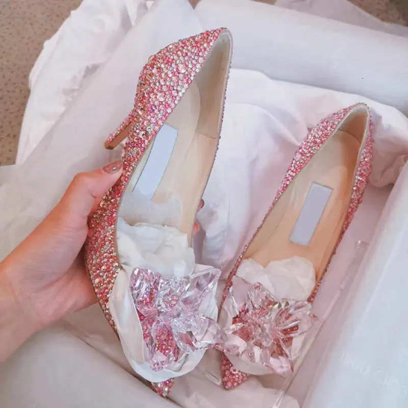 Wedding Shoes Pointy High Heels Thin With Cinderella Glass Shoes Bride Shoes Rhinestone Single Shoe Female Crystal Pumps 250303