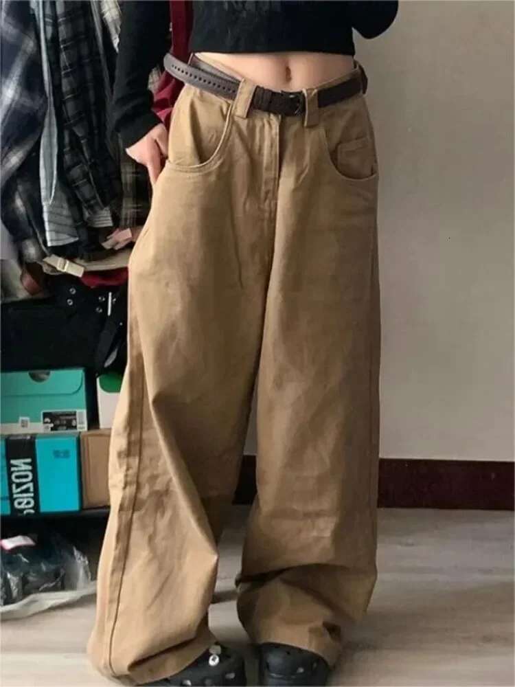 HOUZHOU Y2k Vintage Brown Woman's Cargo Jeans Oversize Japanese 2000S Style Spring Trousers Haruku Korean Wide Denim Pants