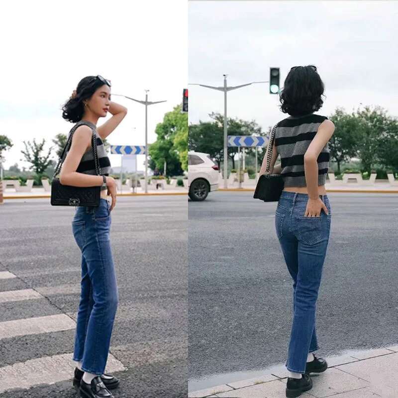 Women's Street Straight Cropped Denim Pants High Waist Slim Stretch Solid Jeans