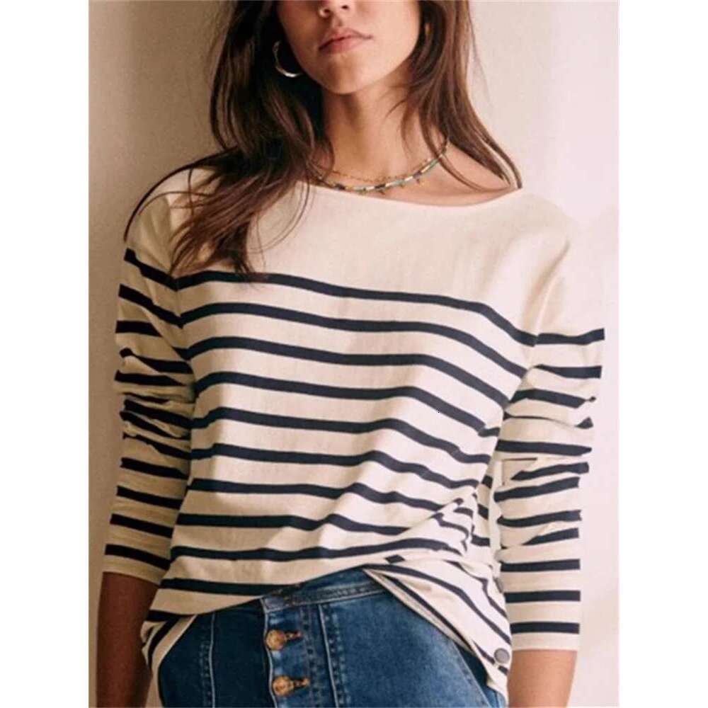 Women T-Shirts Side Buttons Slit Classic Stripes O-Neck Long Sleeve 2025 Early Spring Ladies Casual Tshirt