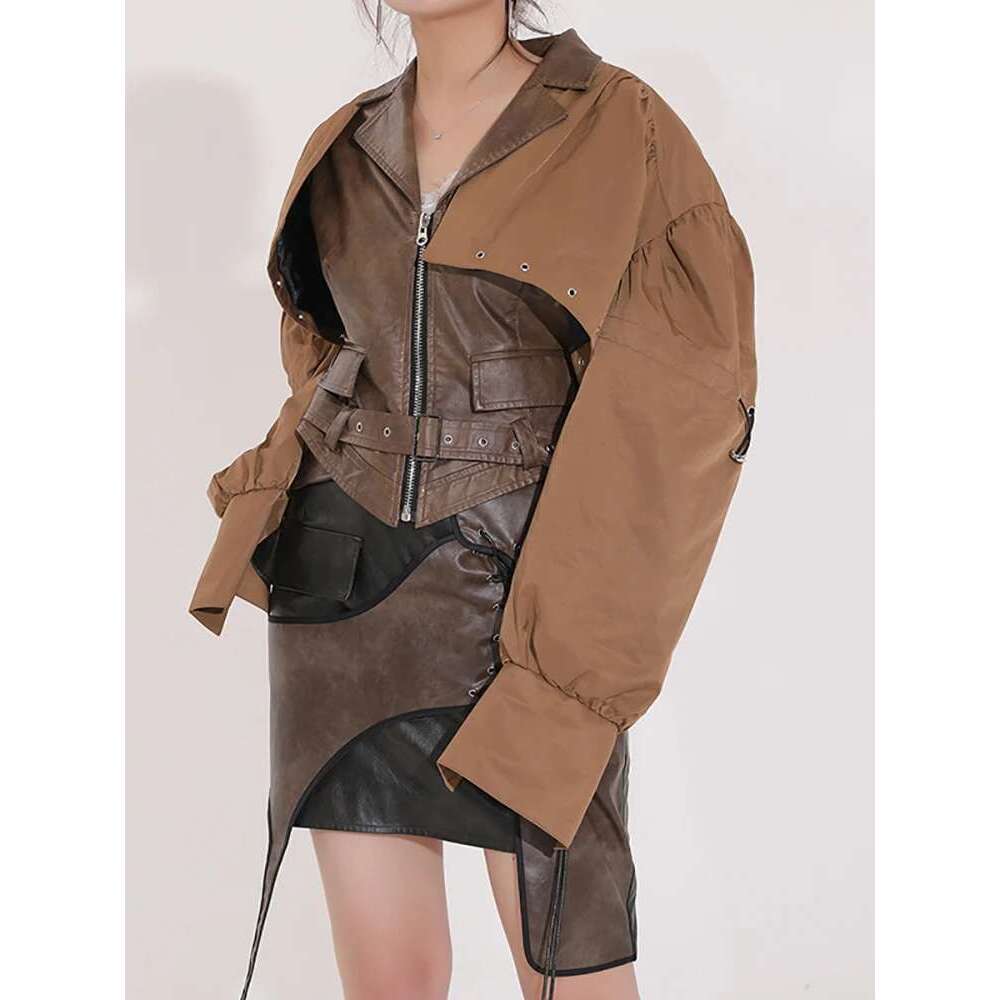 2025 New Autumn And Winter Fashion Women Clothes Turn-Down Collar Full Sleeves Spliced PU Leather Patchwork Jacket Wt264