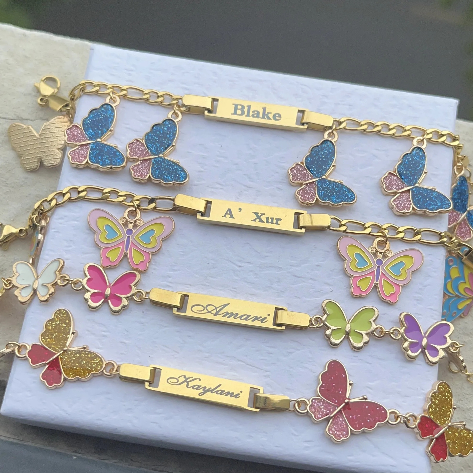 DUOYING Custom Name Bracelet With Butterfly Personalized Glitter Pink Charms Nameplate Letter Bangles For Kids Jewelry Gift 250304