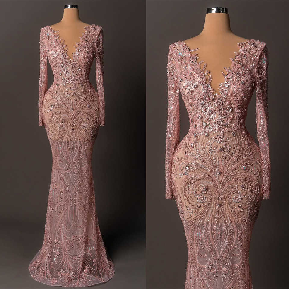 Evening Dresses For Women Sheer Neck Long Sleeves Gown Sequins Beaded Crystal Party Customized Dress
