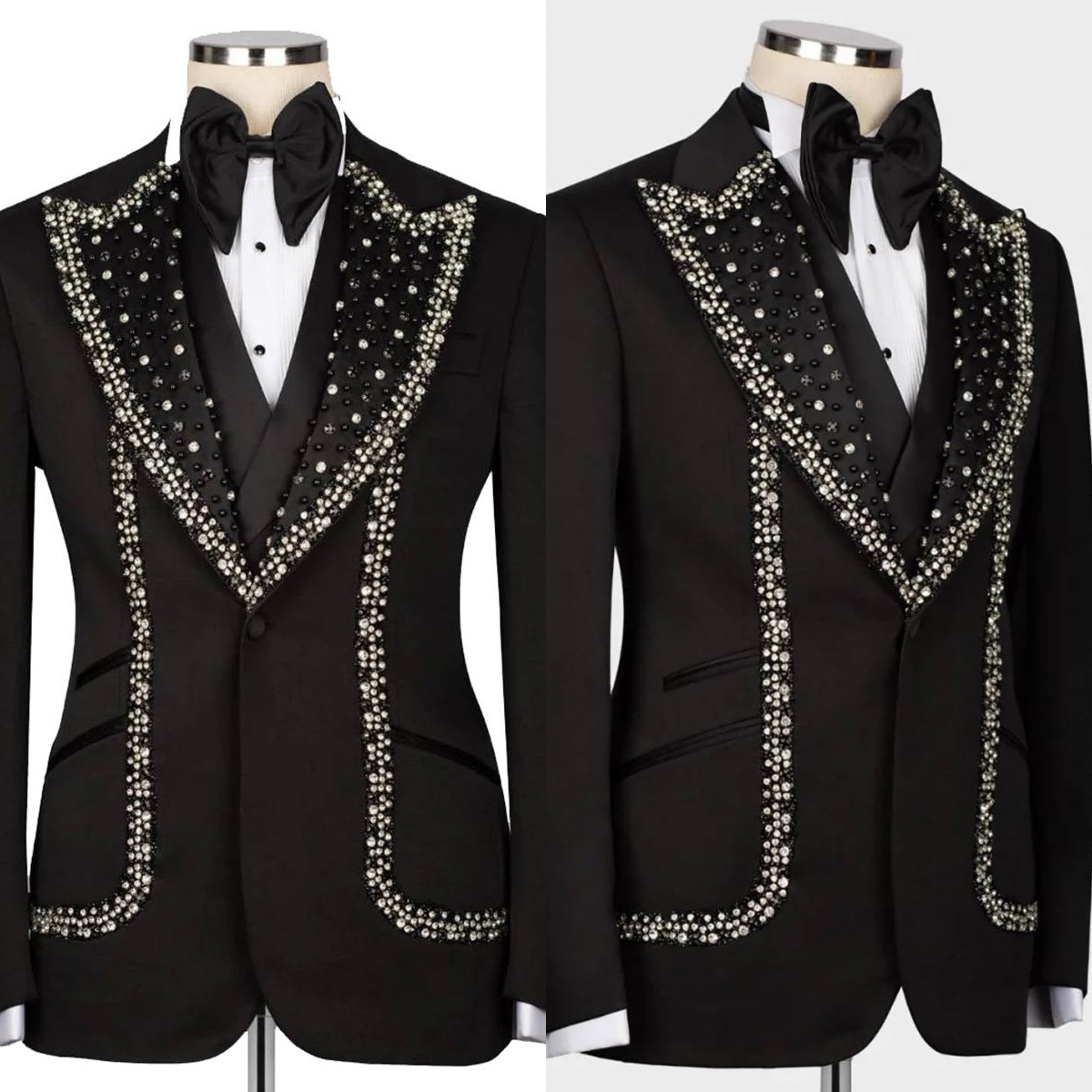 Gorgeous Wedding Tuxedos One Button Beaded Men Suit Peaked Lapel 3 Piece Set Jacket Vest Pants Groom Business Blazers Customized