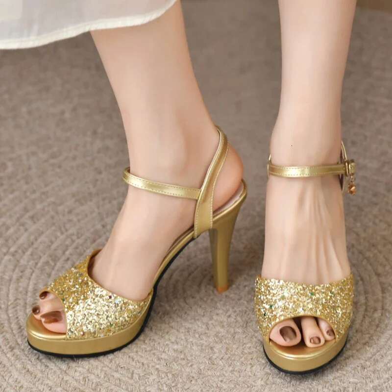 Ladies Gold Elegant Glitter Super High Heels Shoes Woman Peep Toe Ankle Strap Pumps Women Summer 2025 Platform Sandals Mujer 40