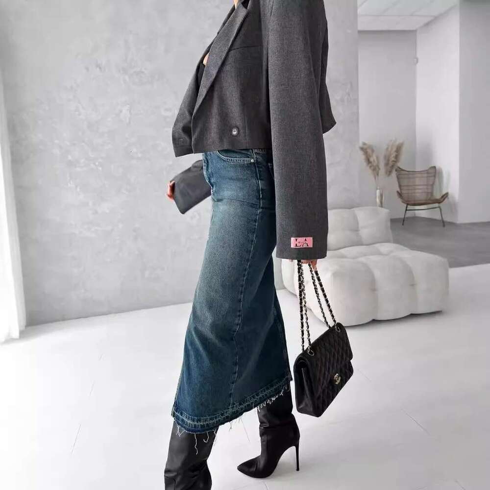 High Quality Women's Long Denim Casual Mid Waist Split Front Midi Jean Skirts With Pockets