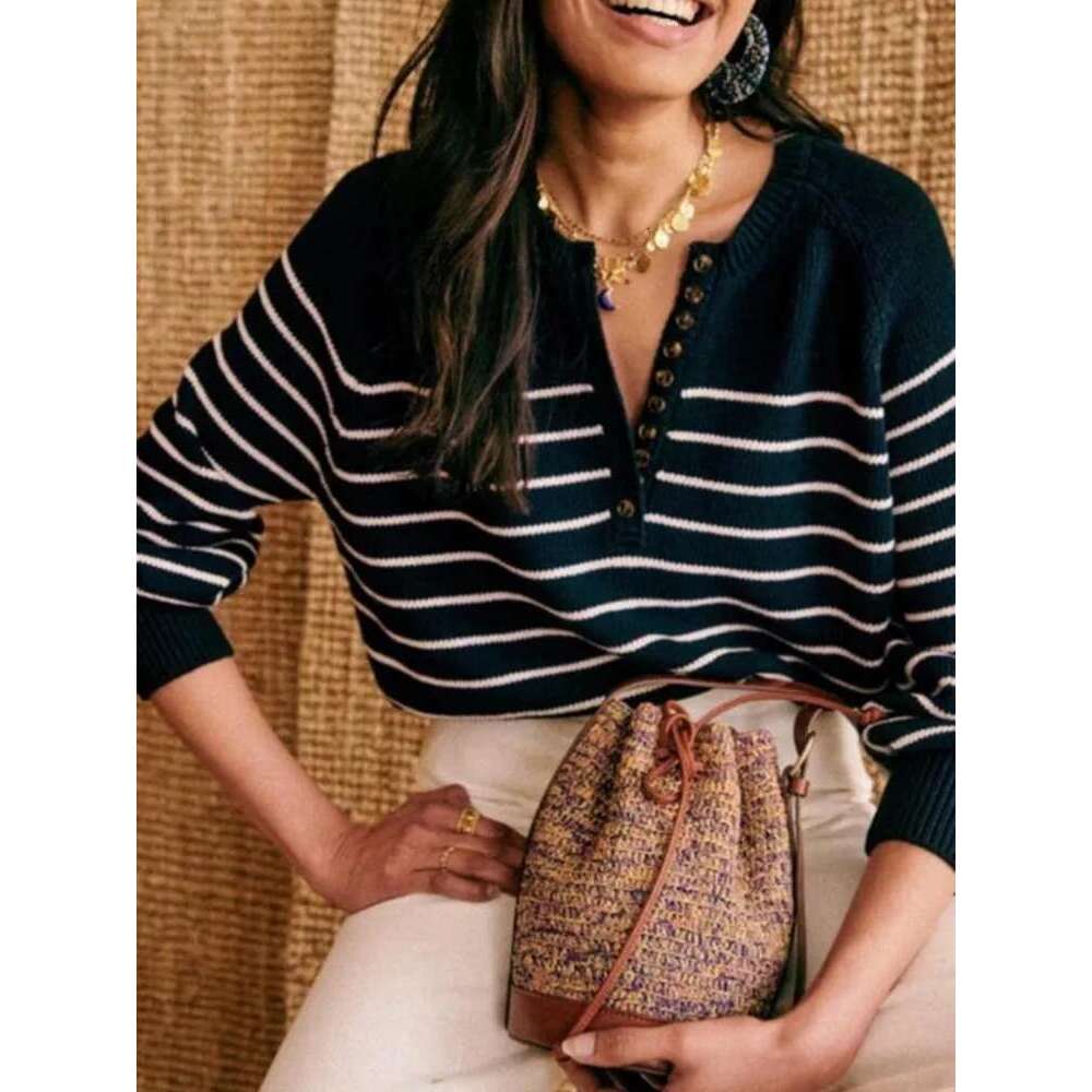 Women Striped Sweater Single Breasted Round Neck Cotton Half Open Collar Buttons 2025 Spring Female Long Sleeve Retro Pullover