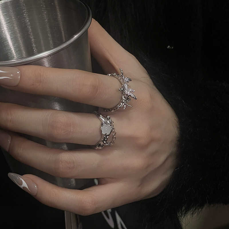 Couple Rings Two piece set of high-end moonstone ring womens opening ring niche design plain ring index finger ring French self-discipline ring H25303