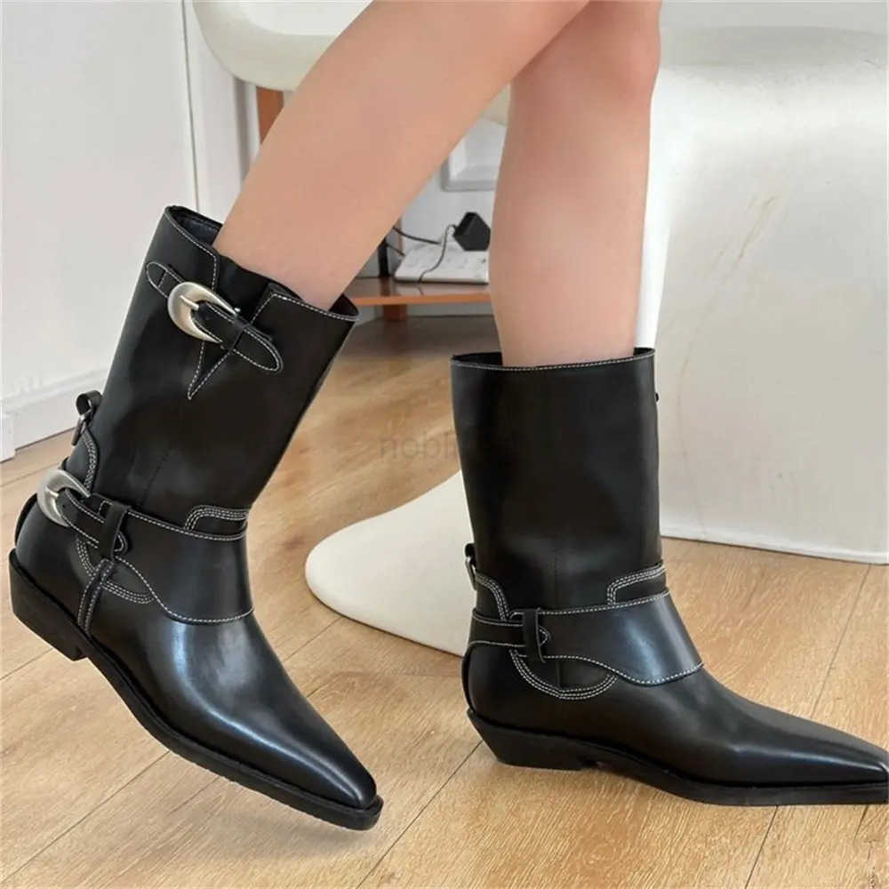 High Quality Brand New Punk Buckle Belt Black Cowboy Boots Square-heeled Pointy Toe Vintage Brown Motorcycles Boots Wen Shoes Z250304