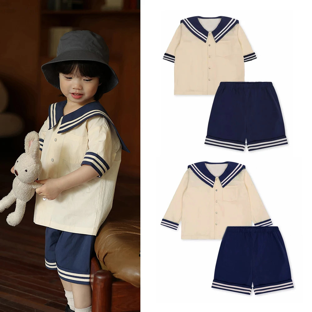 Baby Boy Girl Clothes Sets Sailor Collar Soft Cotton Fashion Baby Navy Uniform Baby Costume 250304