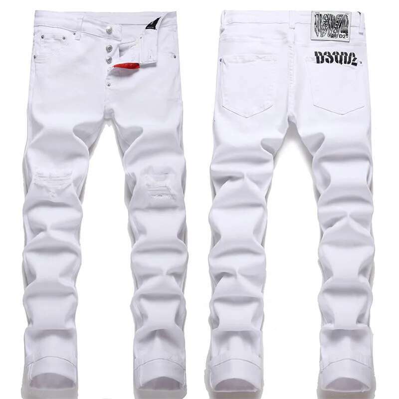 Pure White Jeans Slim Hole Elastic Four Seasons Casual Cotton Men's Basic Washing Process