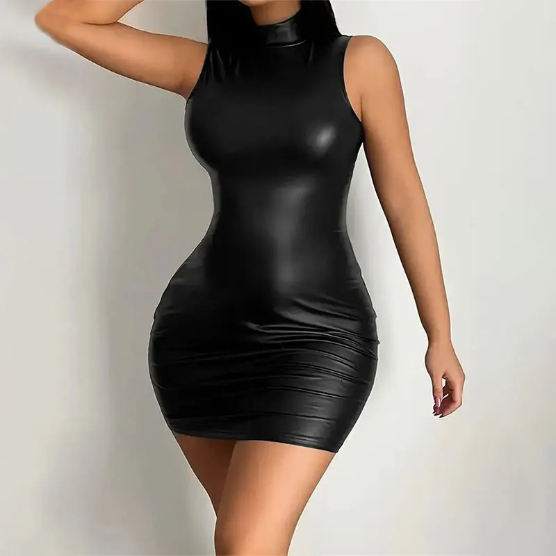Party Bodycon Pu Leather Ladys Solid Color Dress Sexy Sleeveless Slim Elastic Package Hip Tee Skirt Mini Short 250227Z