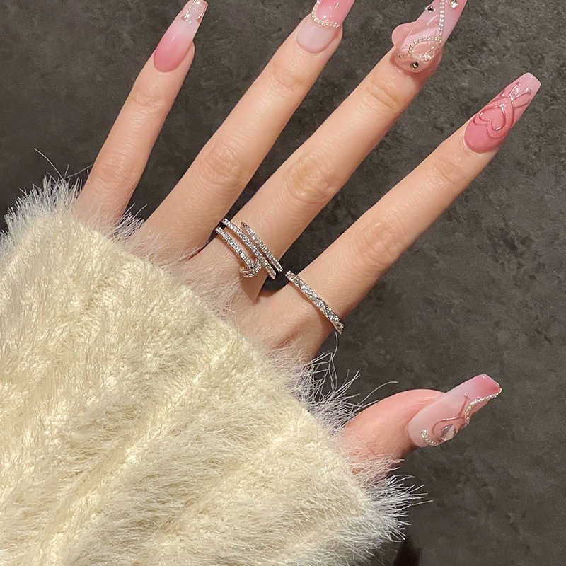 Couple Rings Sparkling Diamond Full Diamond Zircon Line Nail Combination Stacked Ring for Female Niche Design Ring Internet Celebrity High End H25303