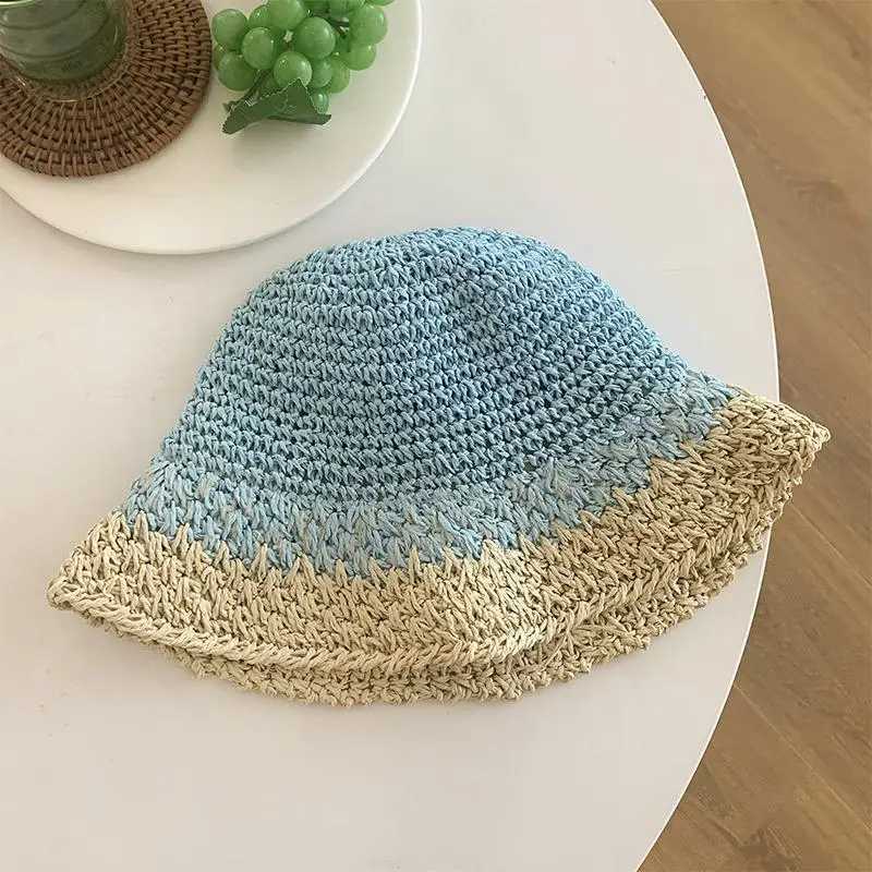 Women Spring Summer Breathable Sun Handmade Crochet Contrast Stripe Fresh Colors Per Bucket Str HatXJ250304