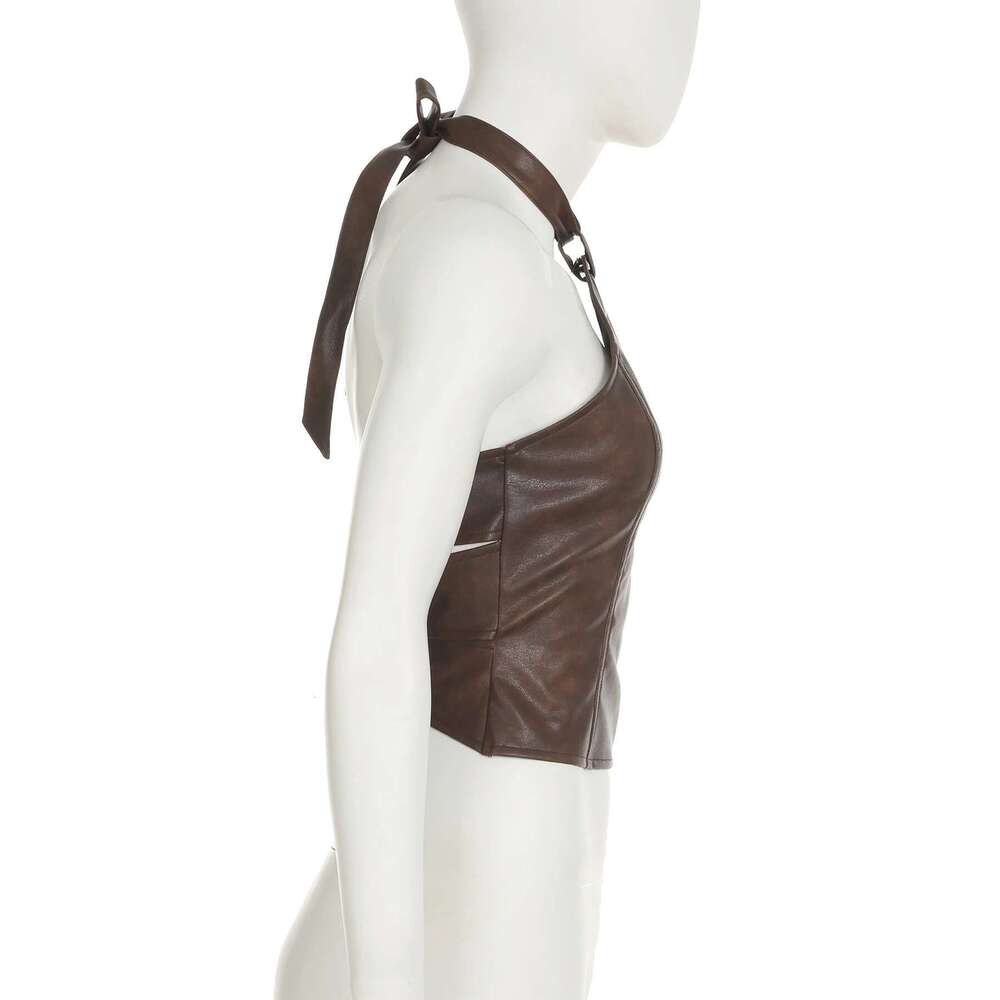 Sexy Slim IAMSURE Bandage Halter Vintage Pu Leather Backless Sleeveless Tank Tops Women 2025 Summer Fashion Streetwear Lady