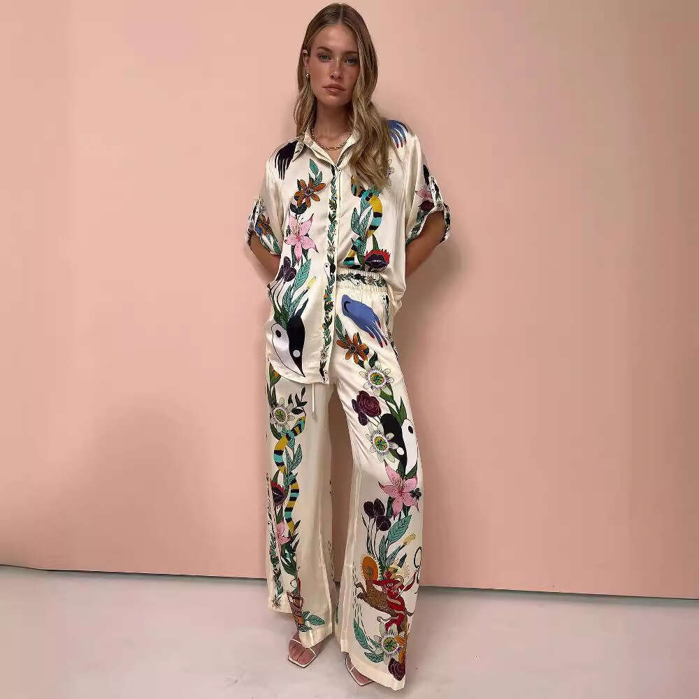 European and American Graffiti Printed Satin Short Sleeve Collar Shirt+Long Pants Casual Two Piece Set 2025 Versatile New Trendy Clothing Ins