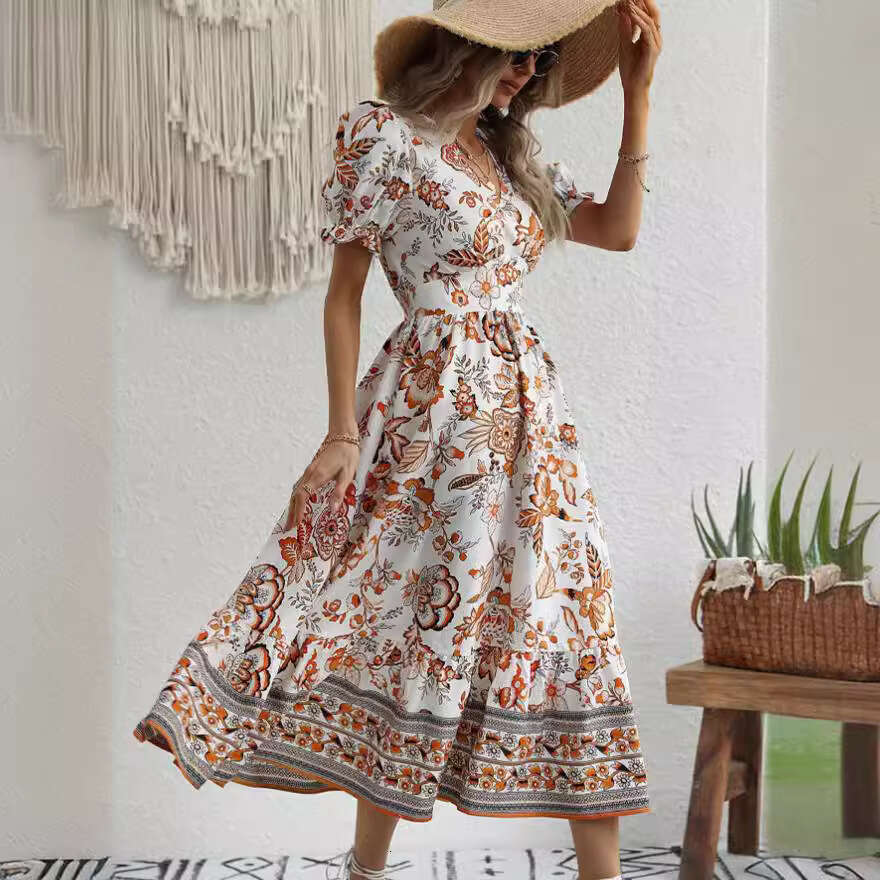 Real time shooting of European American summer full page printed puff sleeve super collar dress, 2025 new style, chic and elegant clothing