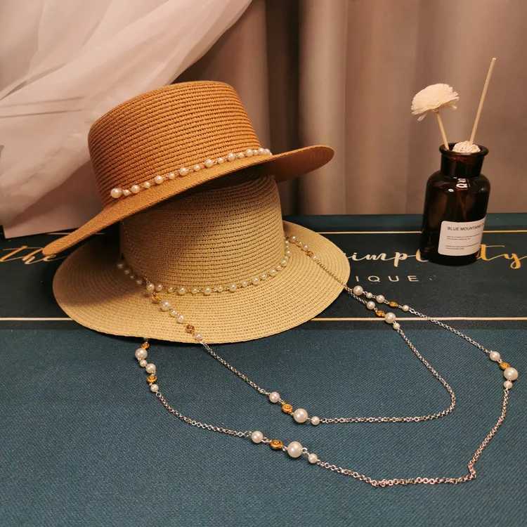 2023 Summer Elegant Pearl Chain Flat Sun Hats for Women Cheau Feminino Str Hat Panama Wide Brim Anti-UV Beach C Girl HatXJ250304